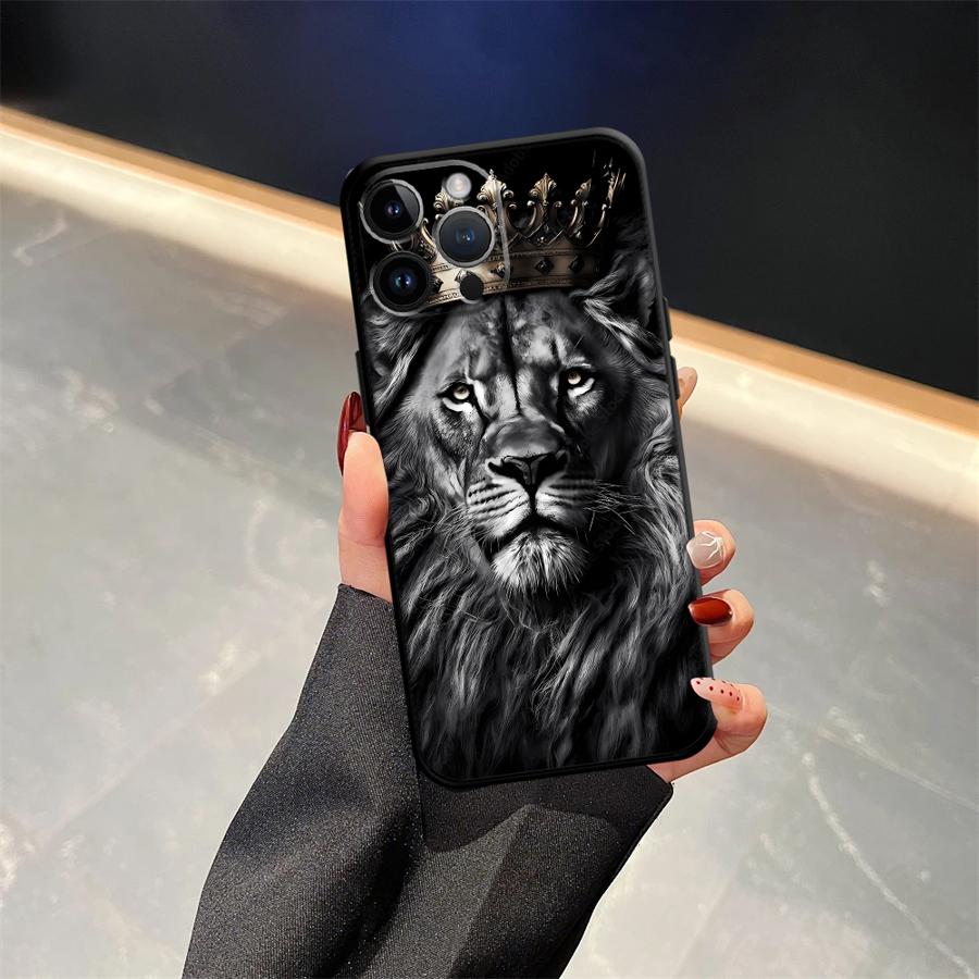 Animal Lion Pattern Case for iPhone 15 16 14 Plus XR 17Air 7 8 13 12 11 17 Pro Max XS Max Black Soft Phone Cover
