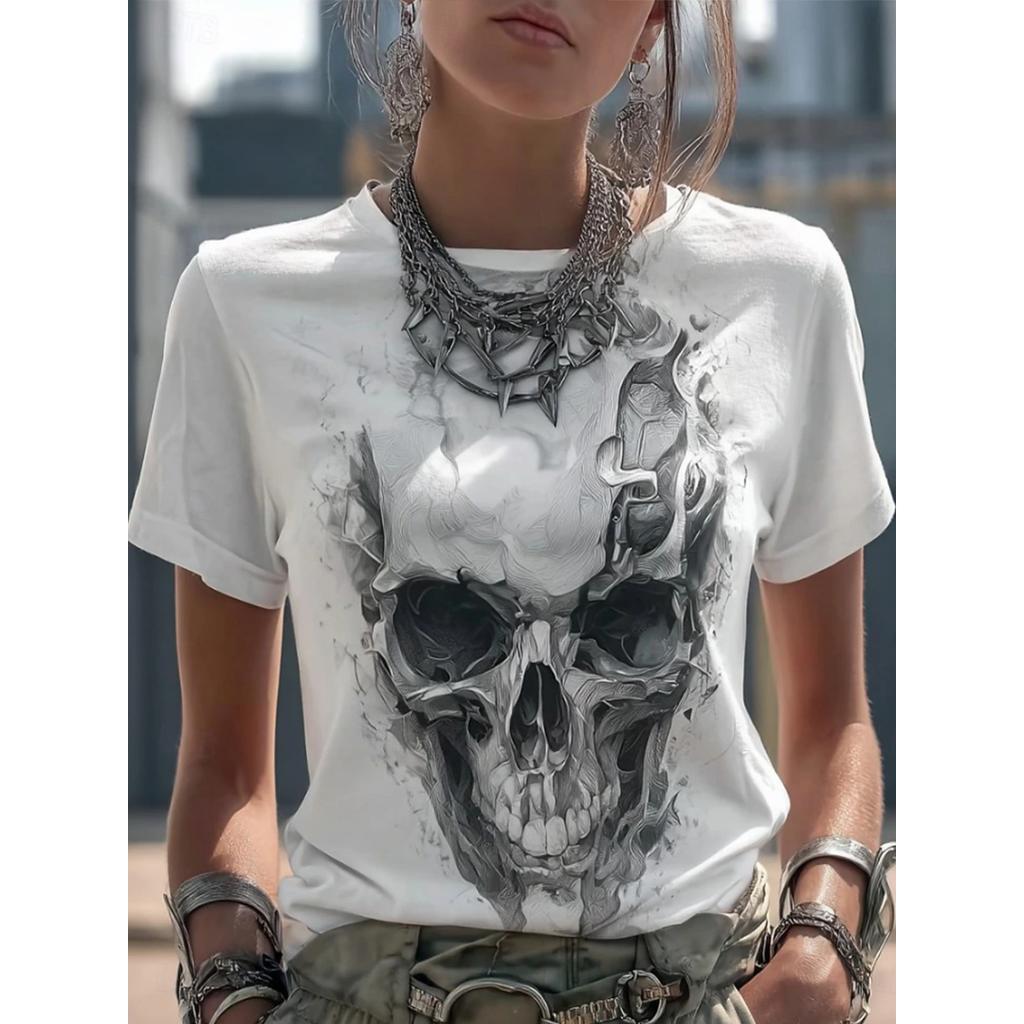 T-shirt da Donna con Stampa 3D Teschio Grafico Halloween Vintage, Girocollo Manica Corta, Magliette Harajuku Y2K Top Abbigliamento Femminile
