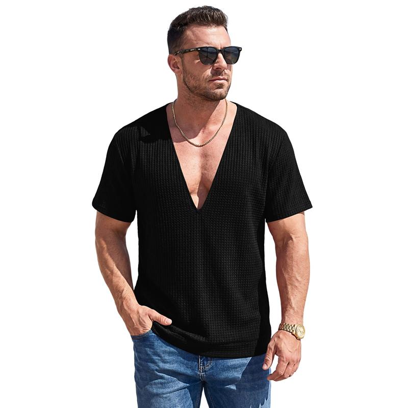 New Summer Waffle V Neck Short Sleeved T-shirt Comfortable Top Athleisure Fashion Slim Breathable Men s Short Sleeved Top S чёрный