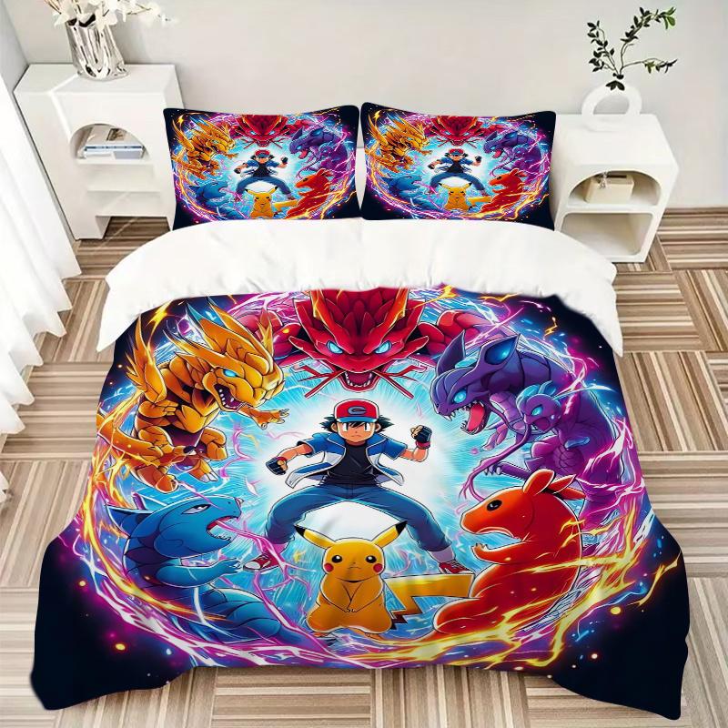 3pcs Ash and His Legendary Partners Pokémon Adventure Bedding Set - Includes 1 Quilt Cover and 2 Pillowcases, Comfortable Bedding with Stylish De
