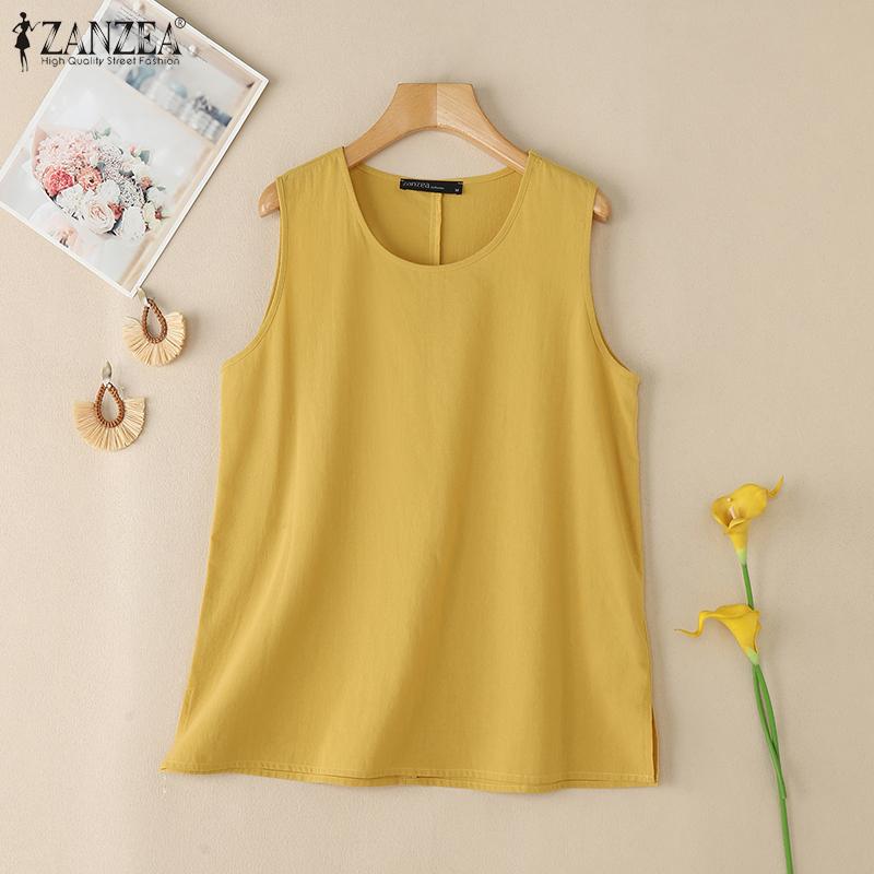 ZANZEA Maiuri casual pentru femei, cu gât rotund, de culoare solidă, fără mâneci
