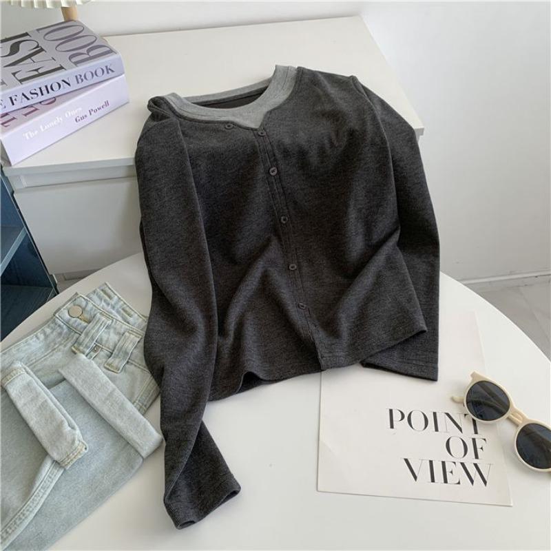 Einreihiges Fake-Zweiteiler-Langarm-Basicshirt Frühling Locker Schlankmachend Color-blocking Gebürstetes Oberteil T-Shirt