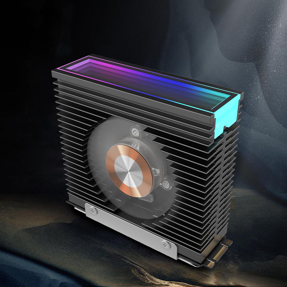 ARGB M.2 2280 SSD Heatsink Aluminum Alloy M.2 SSD Heatsink Cooler with 50MM PWM Dual Fan with Thermal Pad Radiator Heat Sink