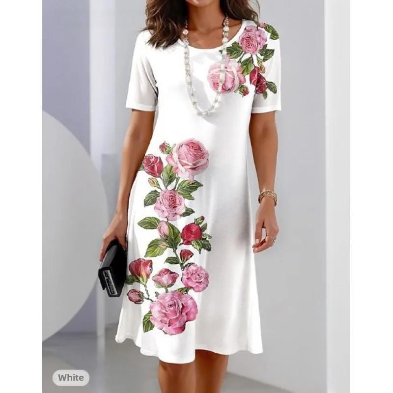 Fashion Casual Floral 3D Digital Printing Round Neck Ladies Dress Plus Size Knee-length Polyester Fiber Made of Loose Waist
