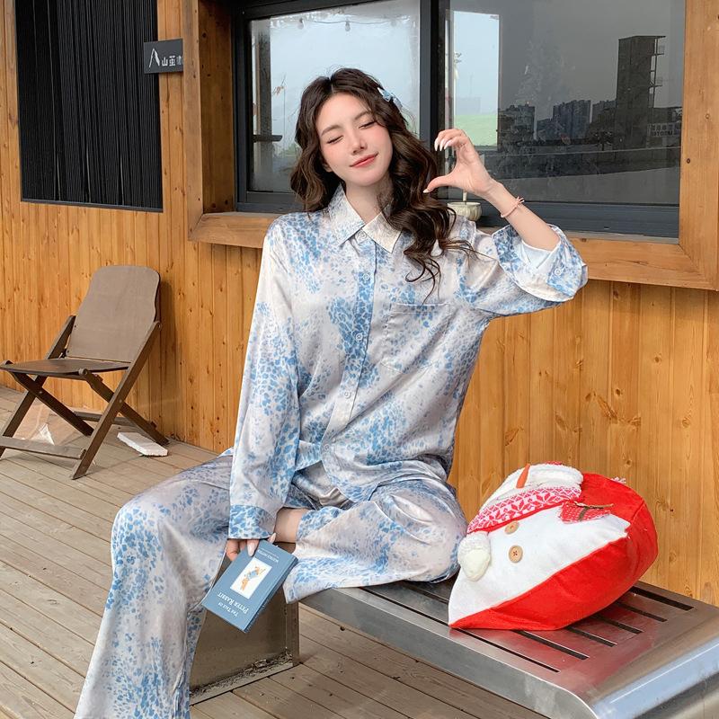 Ice silk pajamas women's spring and autumn long sleeves 1011 new high-end cardigan set simulation silk loungewear set
