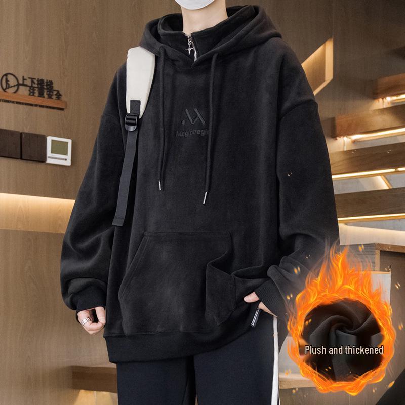 Men's 2025 Style Double-Sided Fleece Hoodie, Thickened Inner Layer, Solid Color, Trendy Winter Outerwear for Teens with Hood