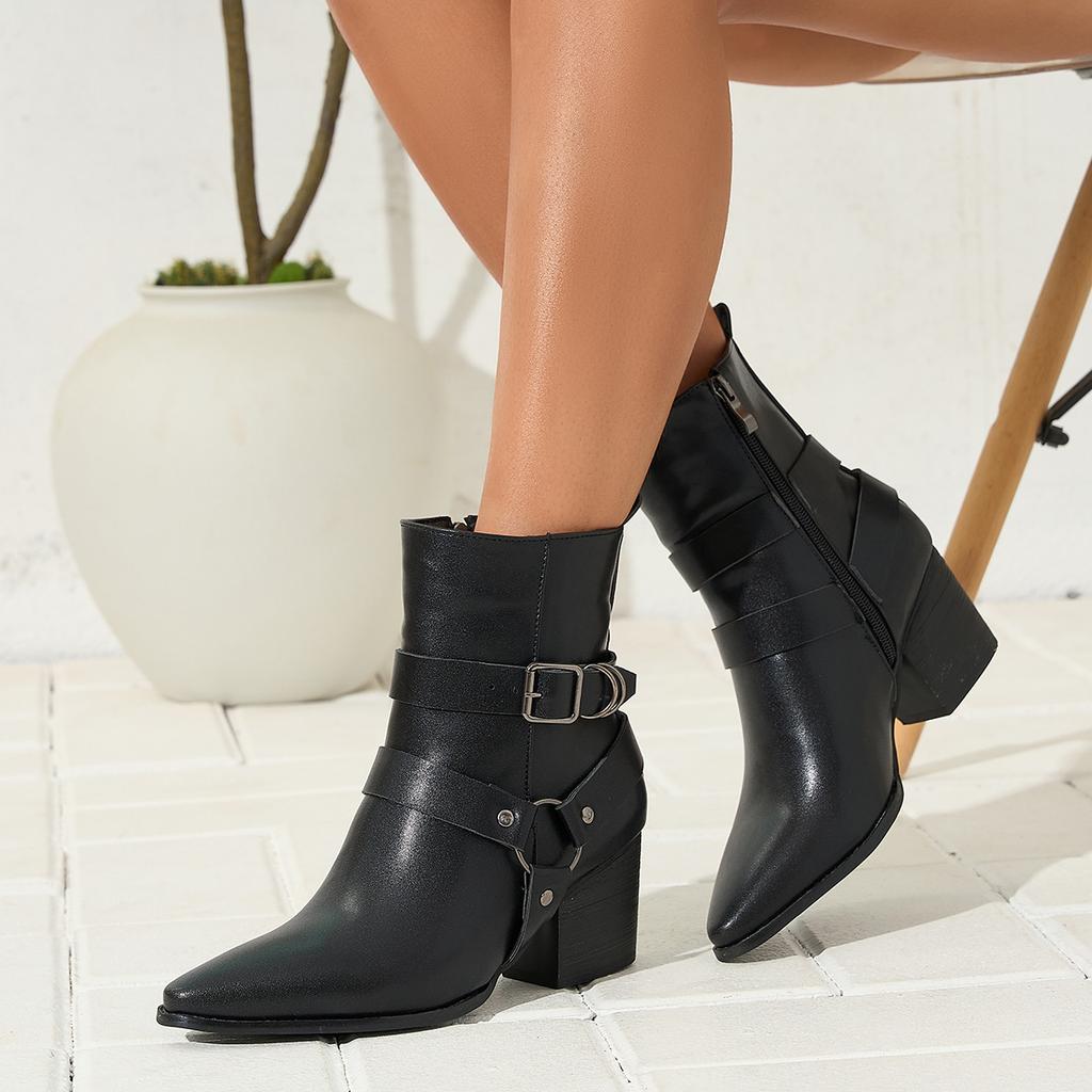Supply Autumn and Winter Fashion High Heel Belt Buckle Large Size Pointed Thick Heel Western Boots
