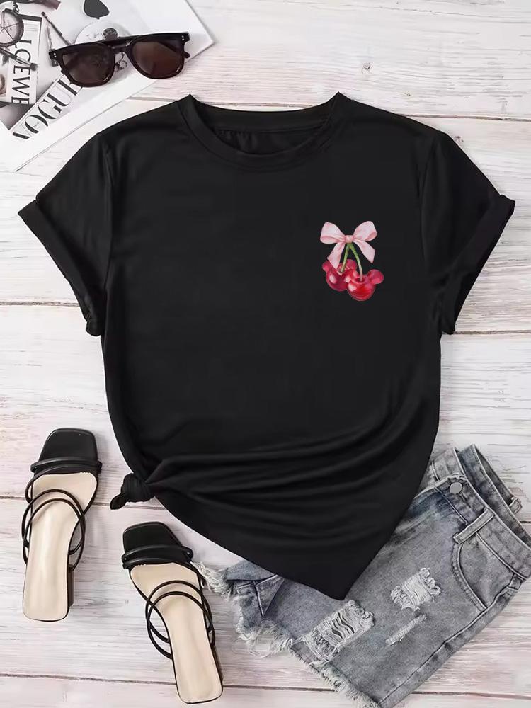 

ovely Style Fashion Summer Women Cherry Bow Print T Shirt Female Casual Top Tshirts Cartoon Graphic Tee T-Shirt S