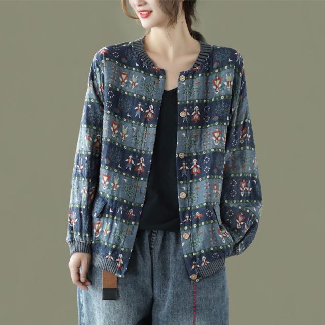 Women's Spring & Autumn Literary Retro Floral Long Sleeve Short Casual Loose Slimming Light Jacket Outerwear Top