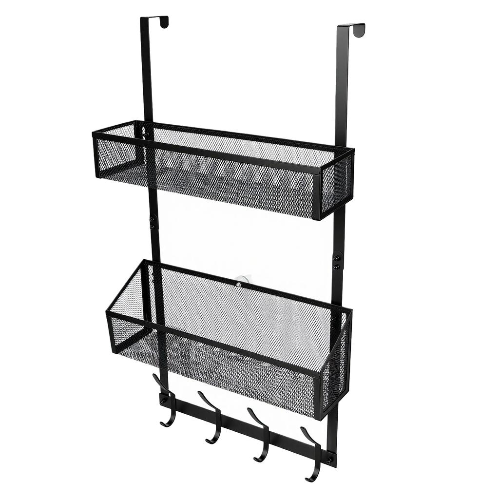 Adjustable Over The Door Hooks Organizer Metal Hanger Storage Rack with 2 Mesh Basket and Coat Hooks for Bathroom