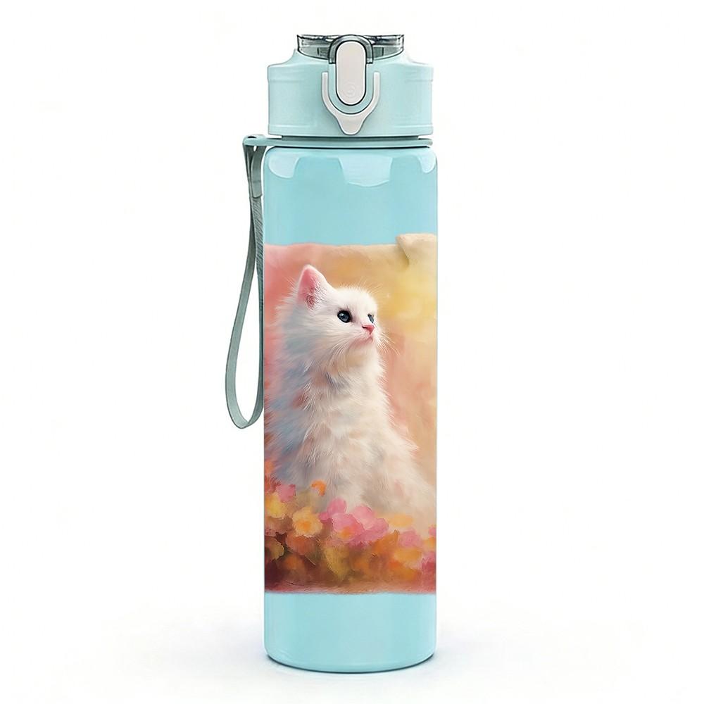 1PC White Cat Floral Soft Art 750ml Color Plastic Sports Water Bottle Leakproof Flip Straw Lid Suitable for Sports Office Home Use