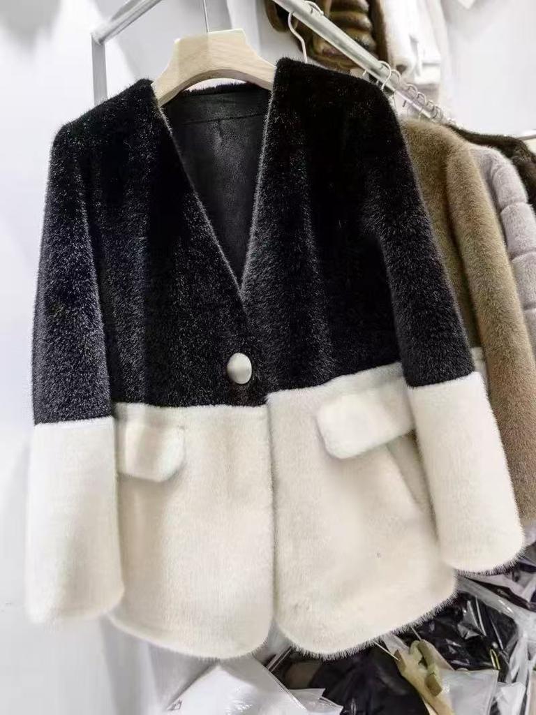 2025 Autumn/Winter New Plush Head High Collar Zipper Kangaroo Pocket Contrast Splicing Women's Coat