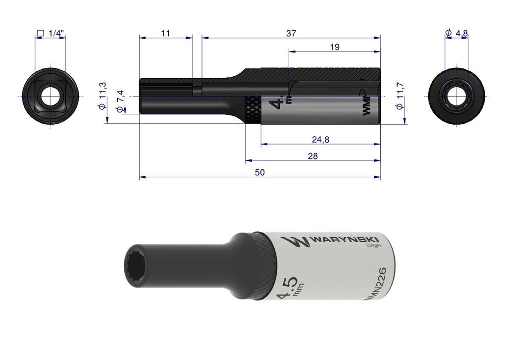 Nasadka Dwunastokątna 1/4". 4.5 Mm. Długa. Crv50Bv30. Din 3124. Waryński