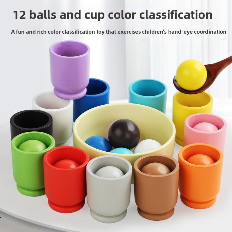 Educational Playset Wooden With Color Matching Balls And Cups For Learning Kids