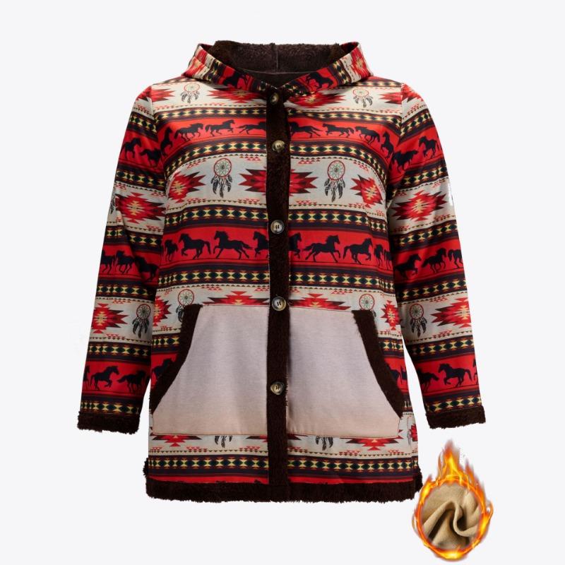 

Women s Fleece Hooded Buttoned Top with Pockets 5XL червоний