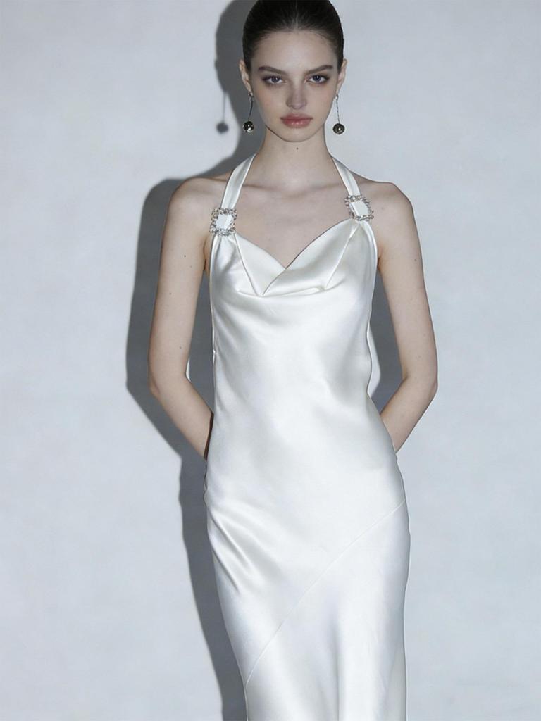 Elegant Acetate Halter Neck Dress with Crystal Buckle