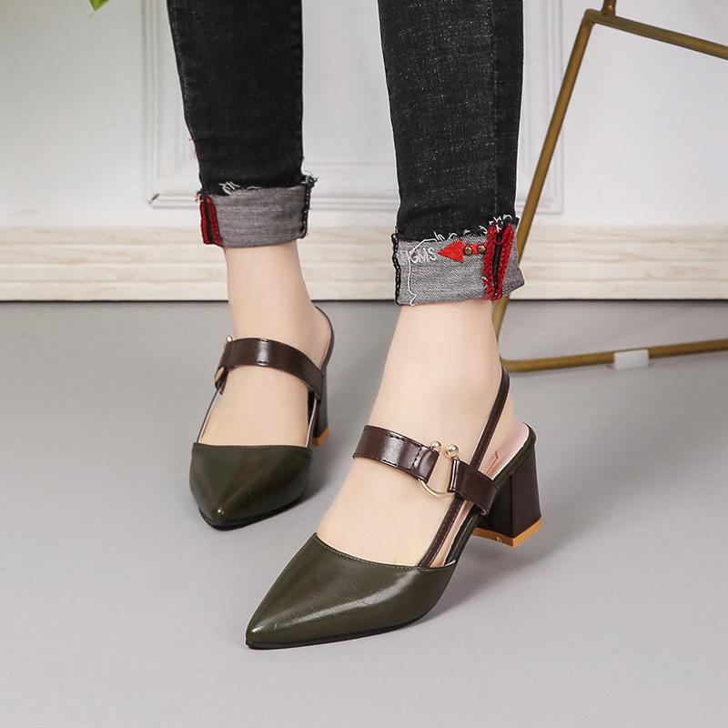 2024 Chunky Heel Hollow Sandals for Women, Slimming Pointed Toe Single Strap Buckle
