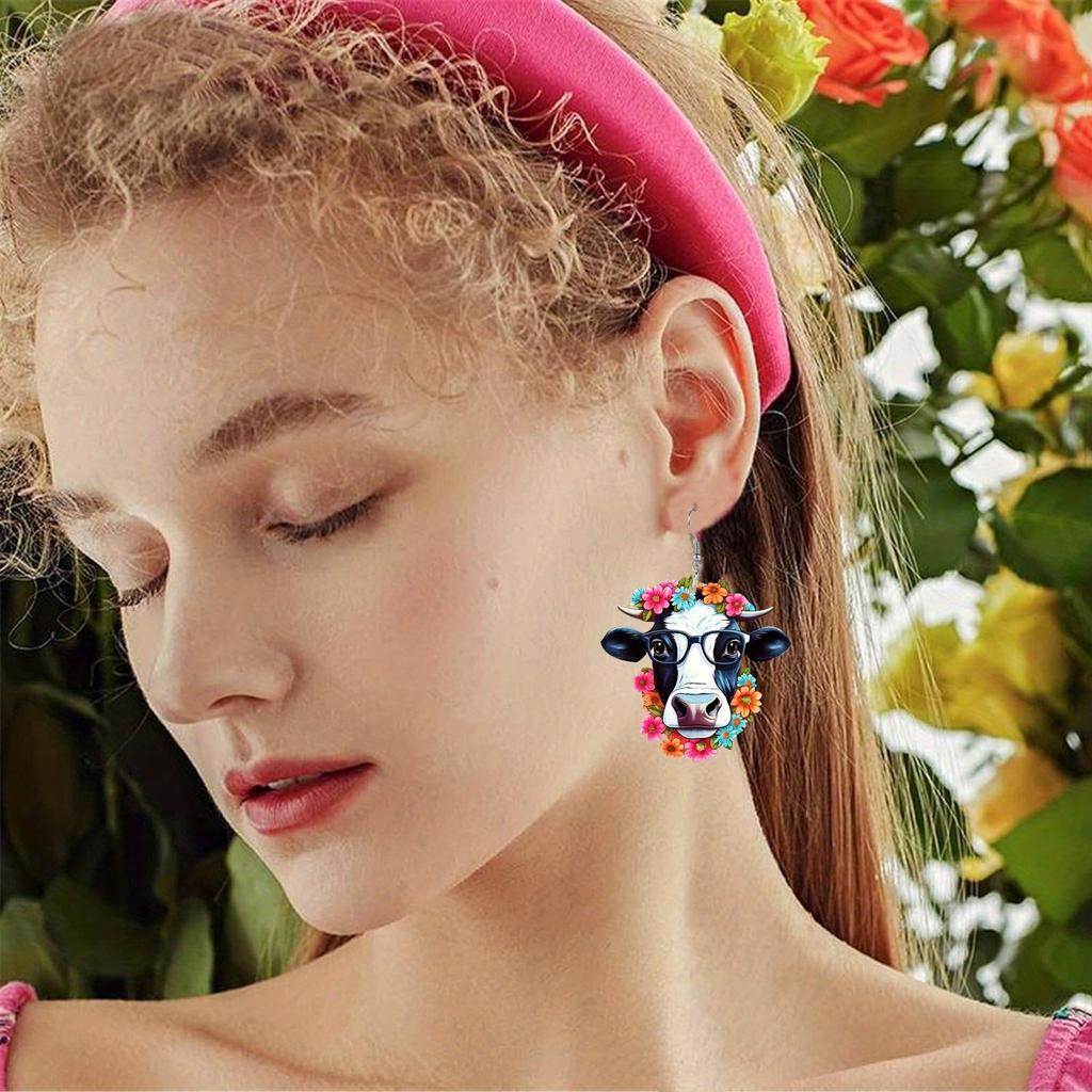 Einzigartige Brillen Kuh mit Blumenkranz Acryl Ohrringe für Frauen Mädchen, Frühling Sommer Y2K Stil Girlanden Creolen, Damenmode Drapierohrringe