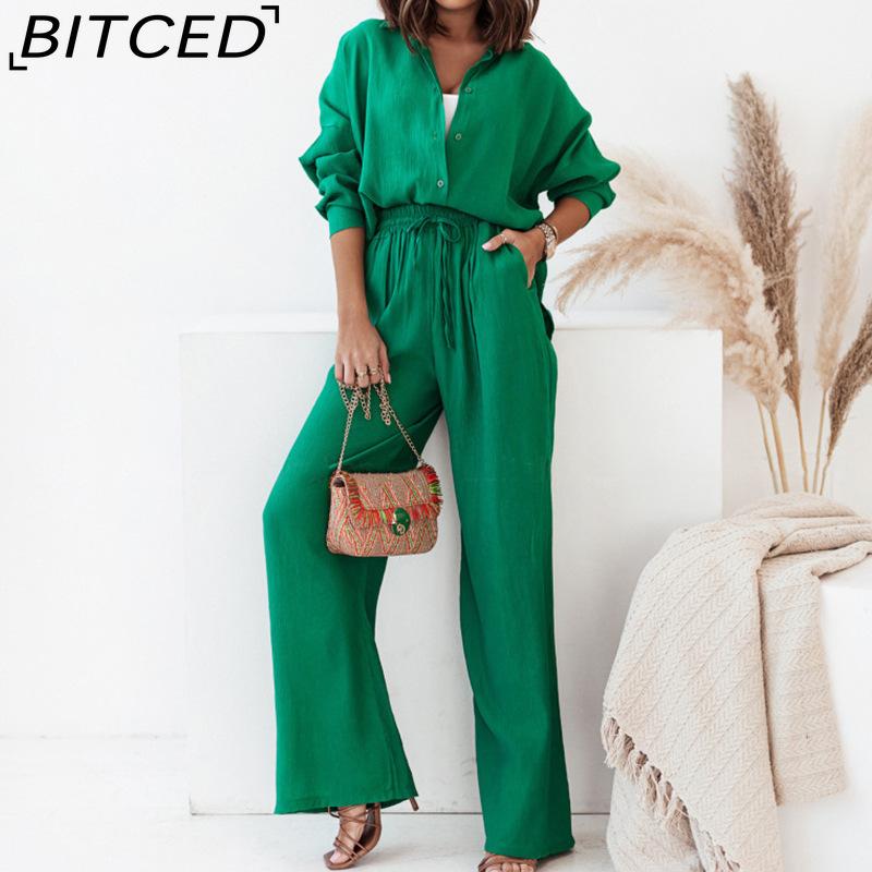 BITCED Herbst und Winter Locker Stretch Knitterhemd Langarm Weitbeinige Hose Freizeitanzug Damen Zweiteiler