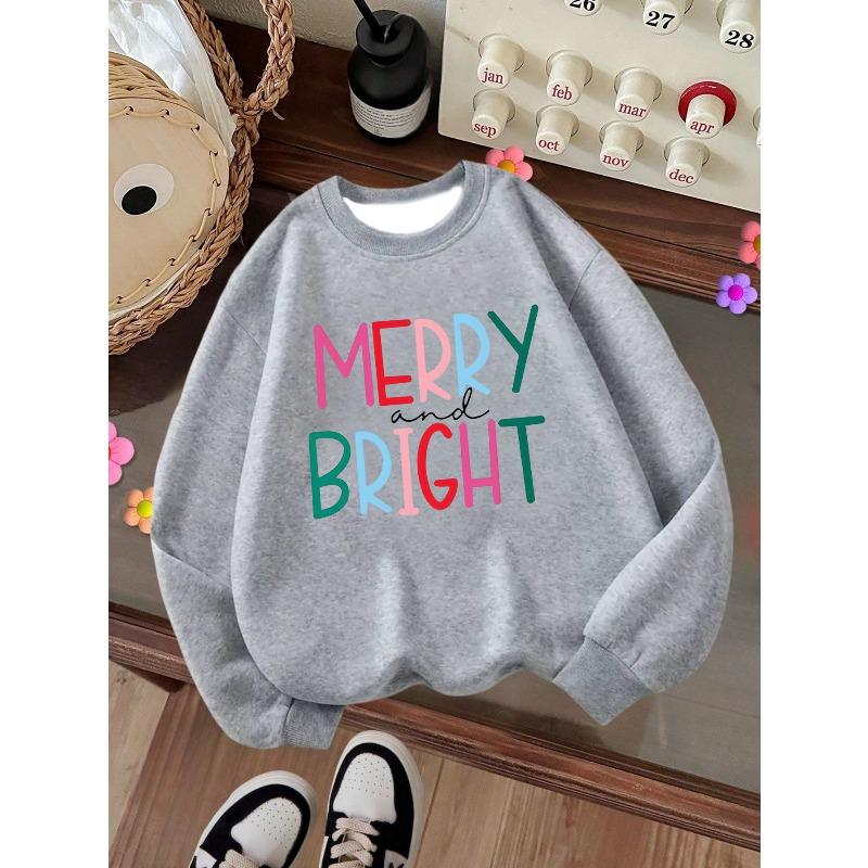 Kids Crewneck Sweatshirt, MERRY BRIGHT Text Print, Casual Tops for Fall & Winter
