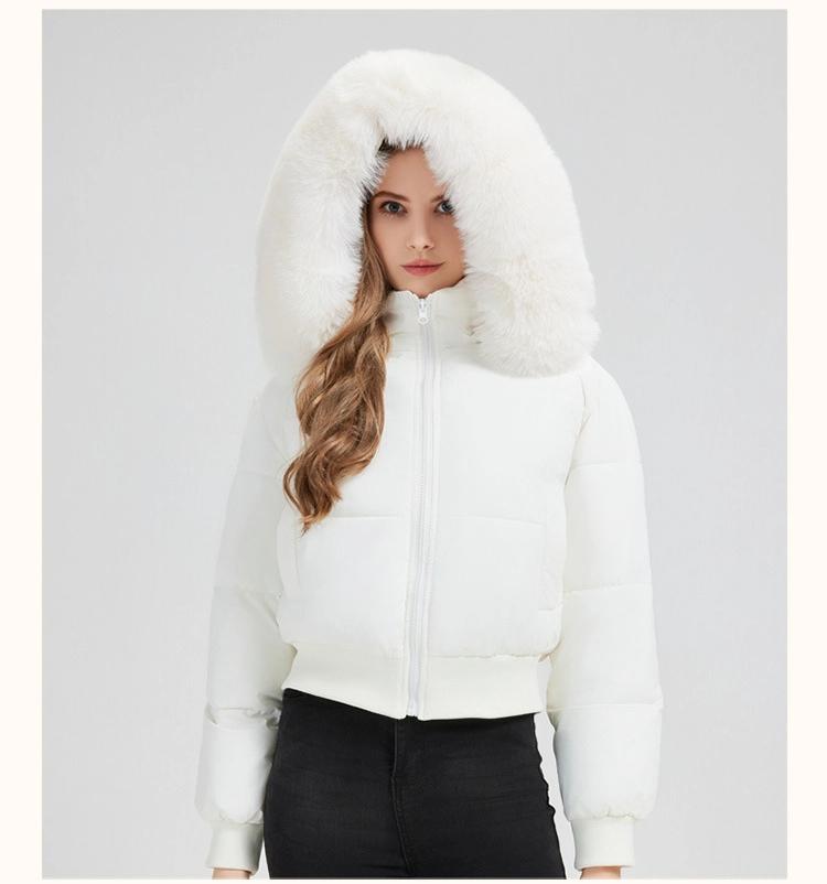 Dam Varm Pufferjacka med Stor Päls Krage Kort Förtjockad Huva Liten Dunjacka