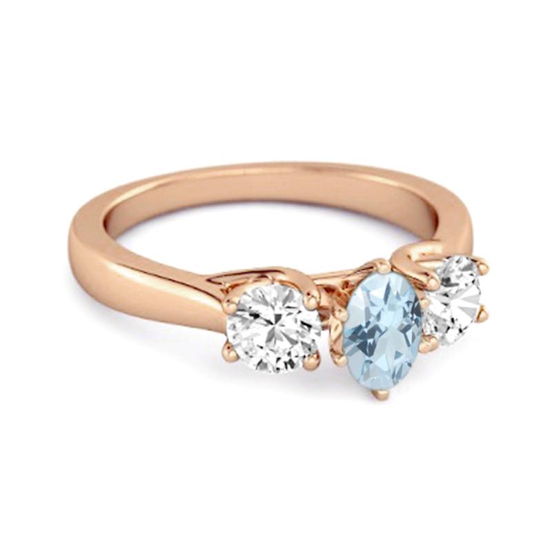 Three Stone Natural Blue Topaz 925 Sterling Silver Rose Gold Vermeil Engagement Ring