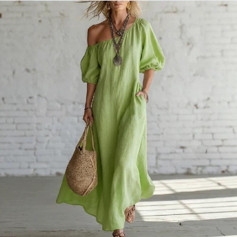 Women Elegant Off Shoulder Lantern Sleeve Loose Solid Color Vacation Long Dress