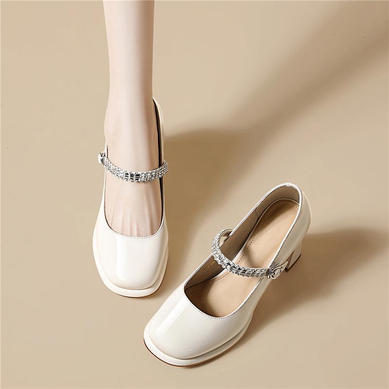 

retro black high heels cm one-word with buckle rhinestone glossy Mary Jane light mouth thick heel single shoes women s shoes 40