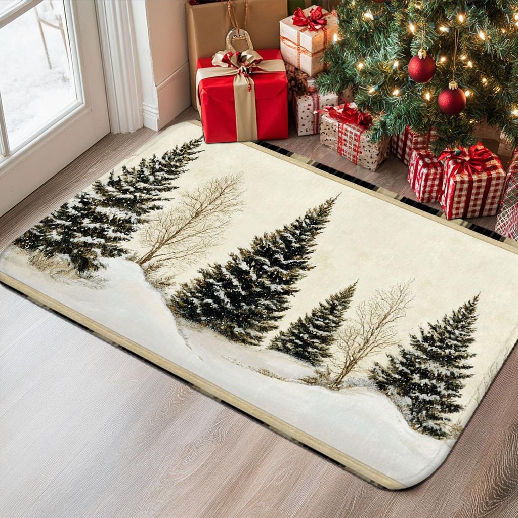 Christmas Kitchen Runner Set Non Slip Washable Vintage Snow Cedar Tree Forest Floor Mats Xmas Holiday Rug