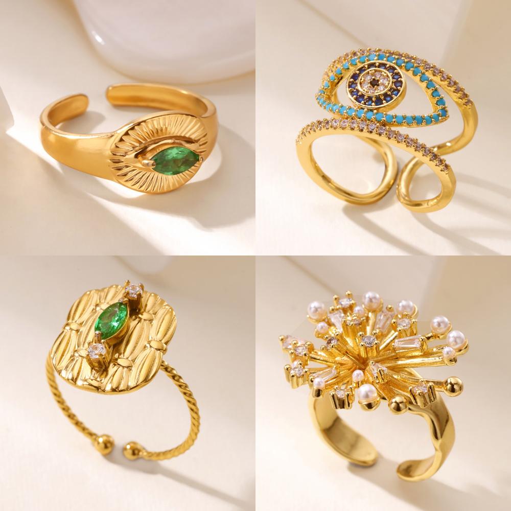Devil's Eye Ringstainless Steel Rings Women Green Zircon Golden Anti Fading Open Ring Wedding Jewelry Vacation Accessories Gifts