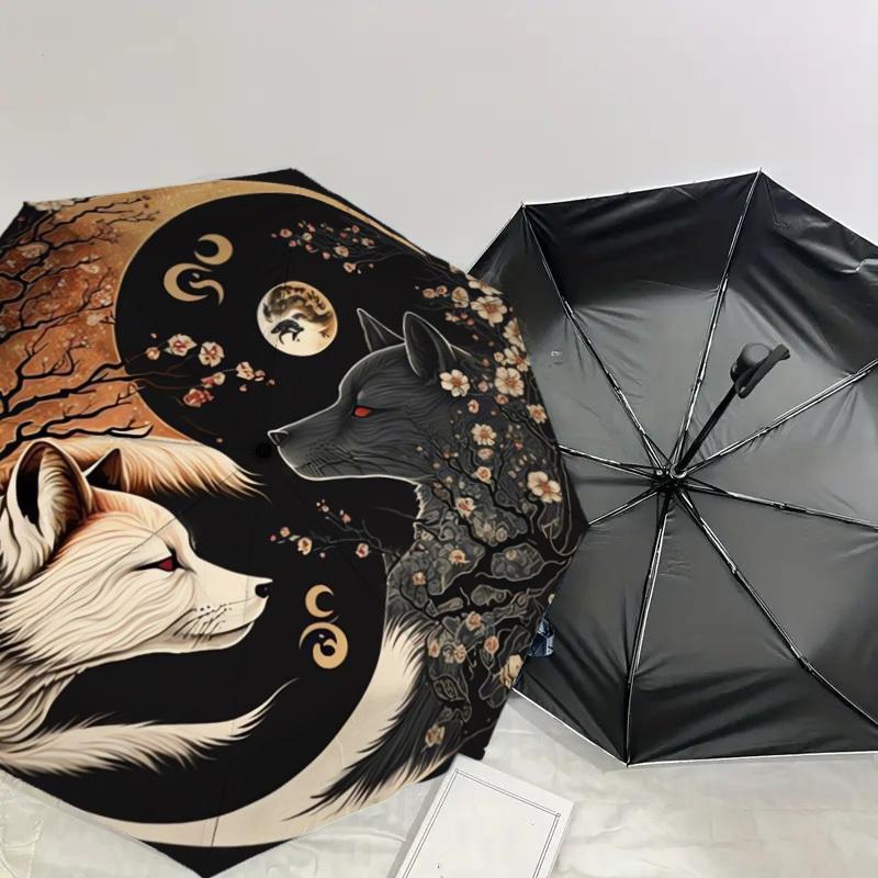 1pc Yin-Yang Wolves Blossoms Moon Umbrella with Plastic Handle,Suitable for All Seasons Home Travel Outdoor UmbrellaDD972
