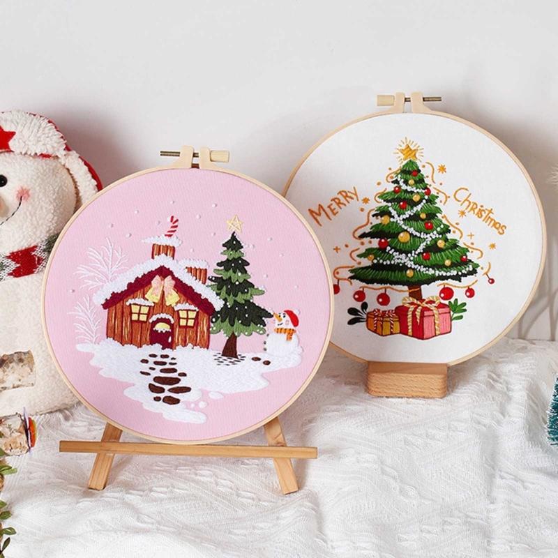 Christmas Pattern CrossStitch Kits Embroidery Starter DIY Kits with Embroidery Clothes Hoop Thread Needle for Beginner