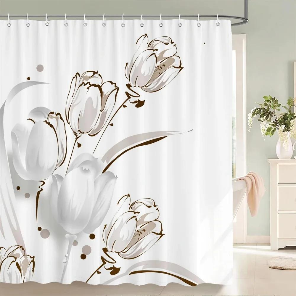 Flower Shower Curtain Bathroom Waterproof Polyester Shower Curtain Floral Printing Curtains for Bathroom Shower with Hooks