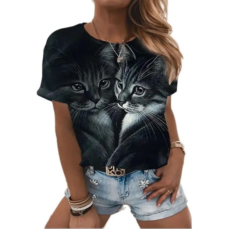 Fashion Woman Blouses T-shirt Women's 3d Cats Print Black Kawaii T Shirt Female Clothing Oversized Summer Top Free Shipping