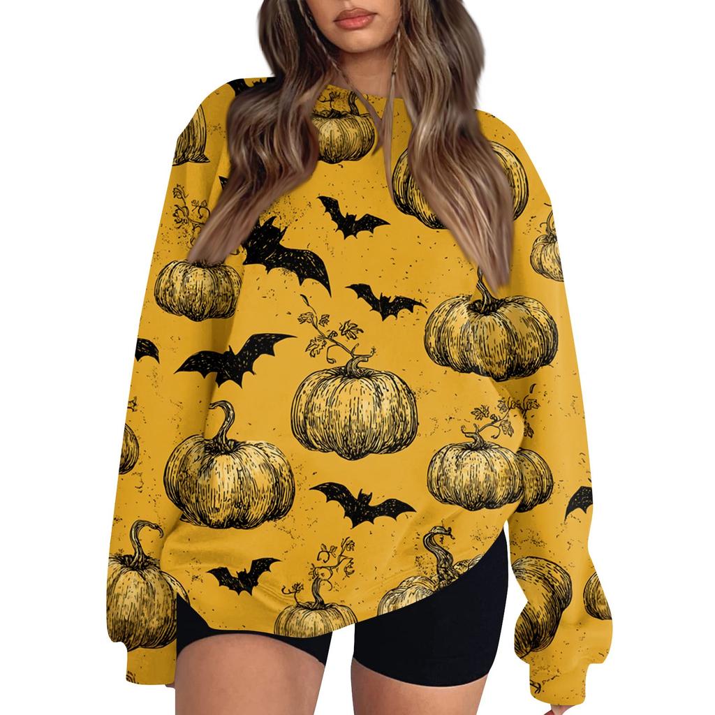 Women's Fashion Casual Long Sleeve Halloween Printed Neck Sweatshirt Top