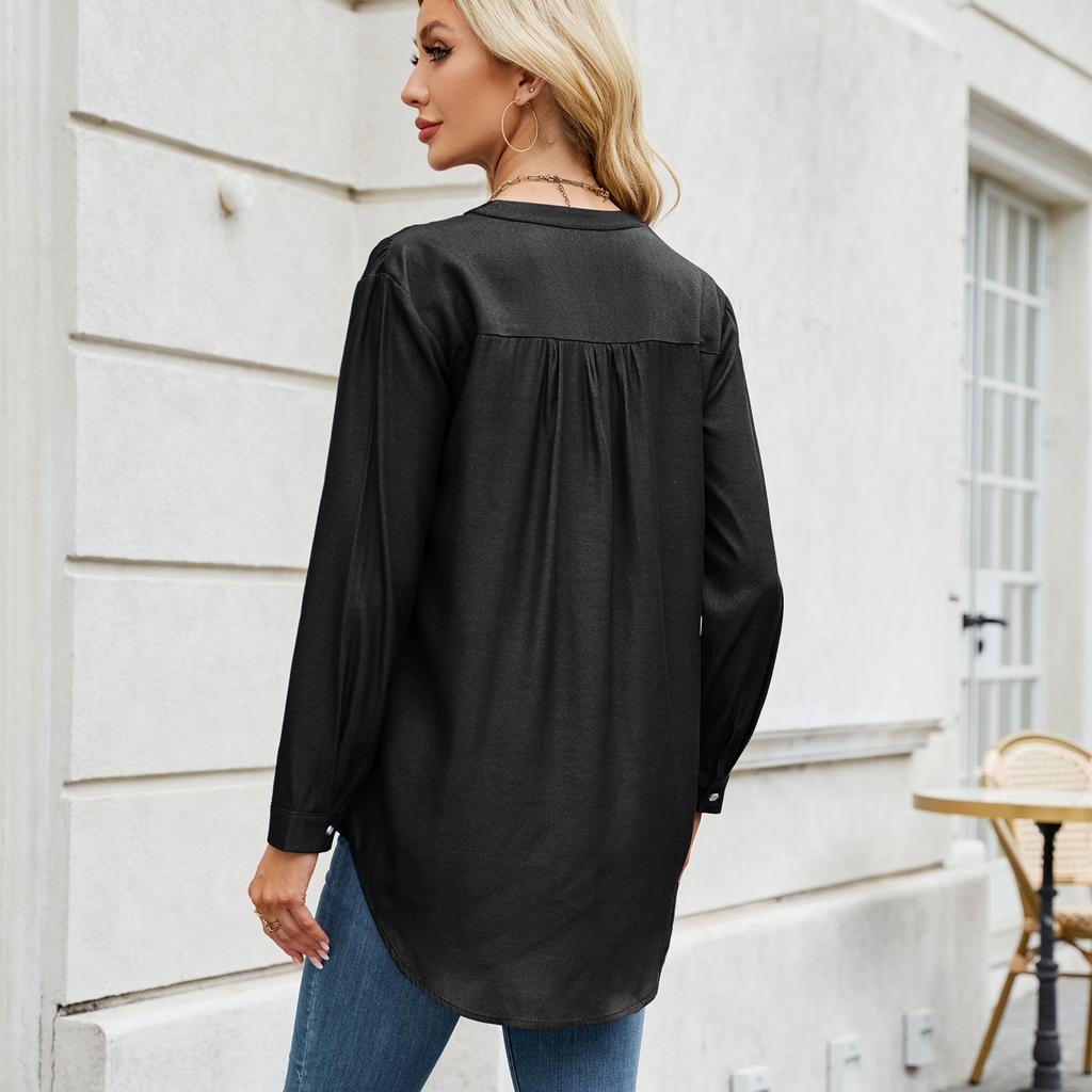 YYFS Women's Fashion Casual Spring Autumn Solid Color Print Long Sleeve V-Neck Blouses & Shirts