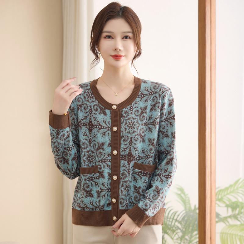Mom autumn bottoming sweater cardigan knitted sweater jacket new round neck medium and old casual loose top