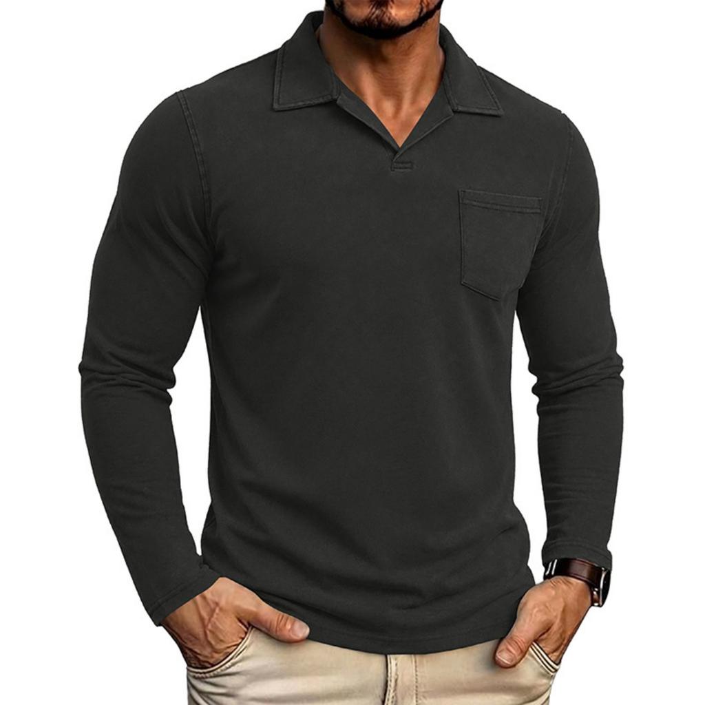 Men's Vintage Washed Long Sleeve Polo Shirt Retro Pocket Collar Casual Top for Everyday Wear