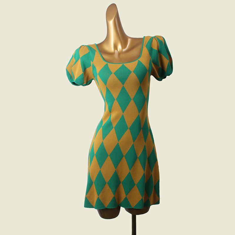 

UJIA Label Cutting Quilted French Puff Sleeves Summer Dress Square-Neck Cinched Slim and Sexy Little Short Dress Yellow-Green S