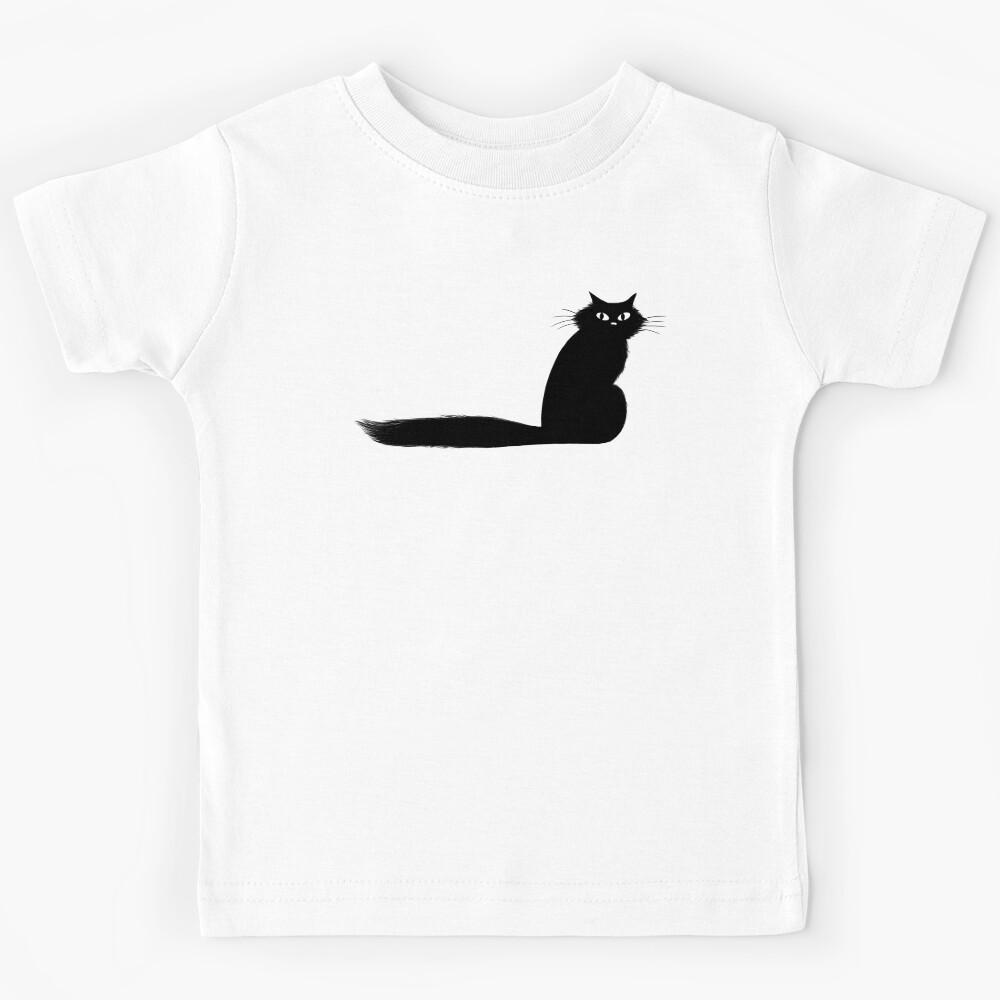 Black Kitty Cat with Long Fluffy Tail Kids T-Shirt 150