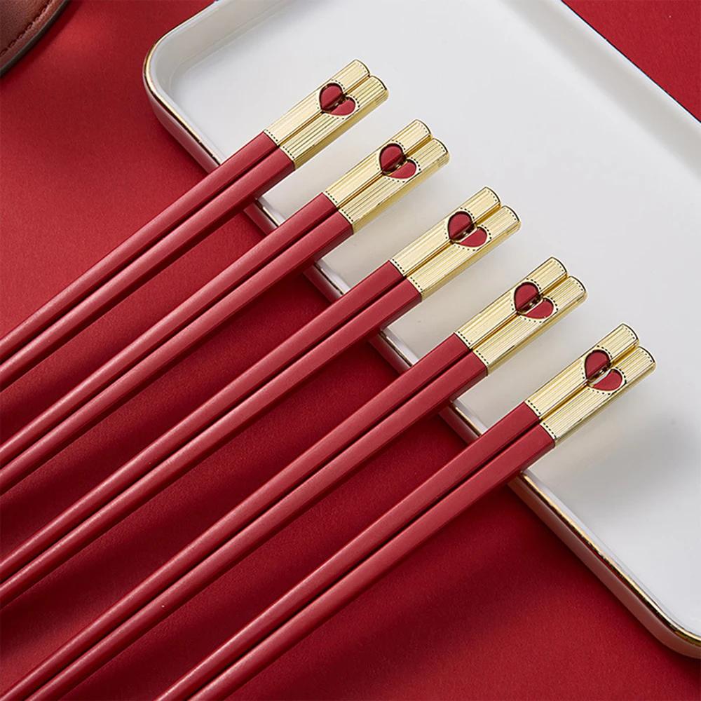 5 Pair Red Heart pattern Chopsticks Reusable 24cm Chinese Chopstick for Weddings Korean Japanese Sushi Chop Sticks Set