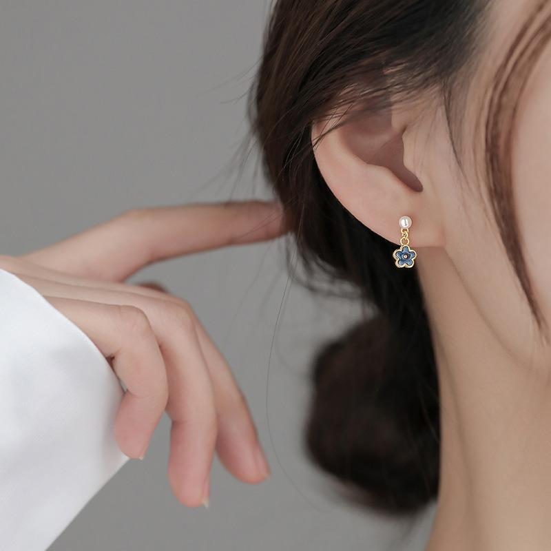 Mini Cute Sweet 925 Sterling Silver Pearl Blue Flower Gold Color Stud Earrings for Woman Korean Piercing Jewelry Accessory Gifts