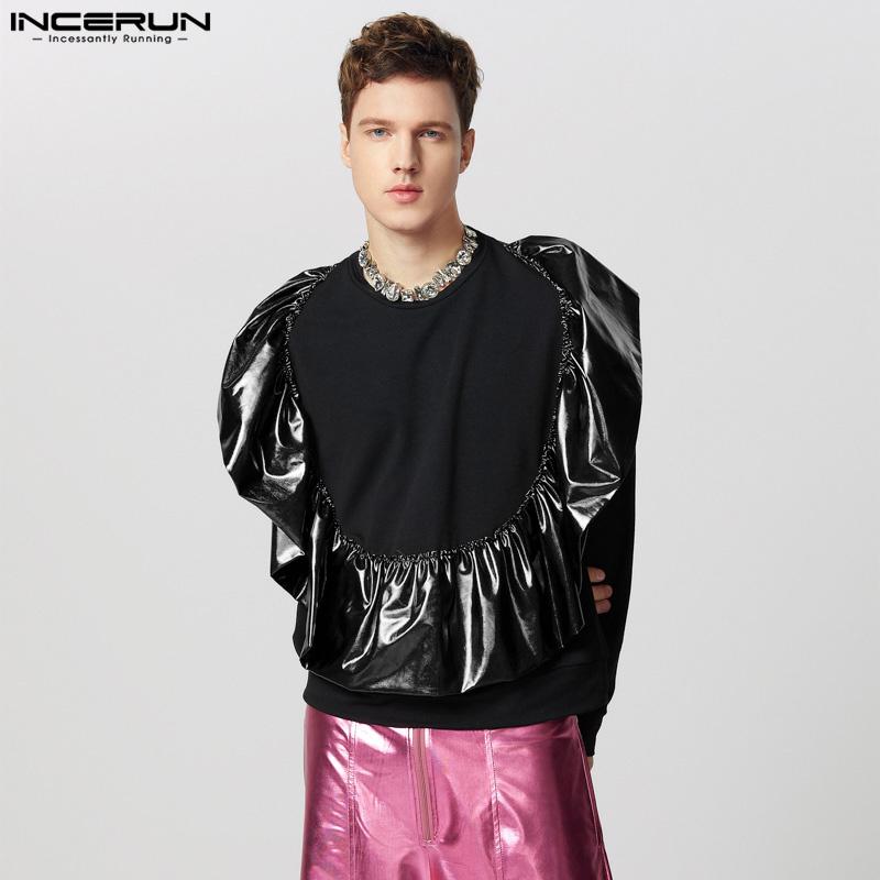 INCERUN Men Round Neck Long Sleeve Shiny Finish Ruffled Patchwork Loose T-shirts