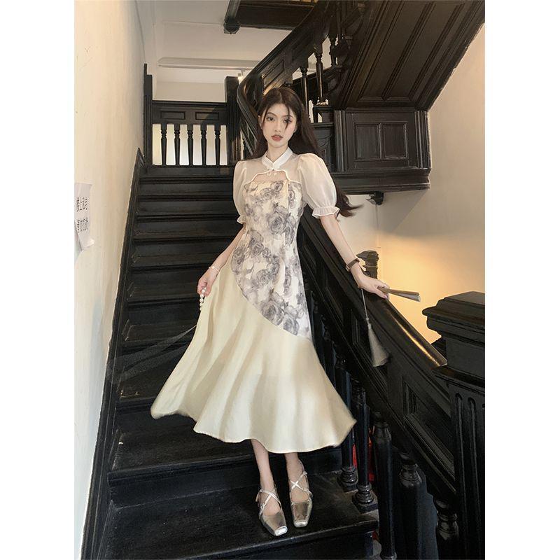 

Summer 2026 Waist-Cinching Slim Ink Wash Floral Fairy Skirt with Stand Collar S (40-45 kg) абрикосовый