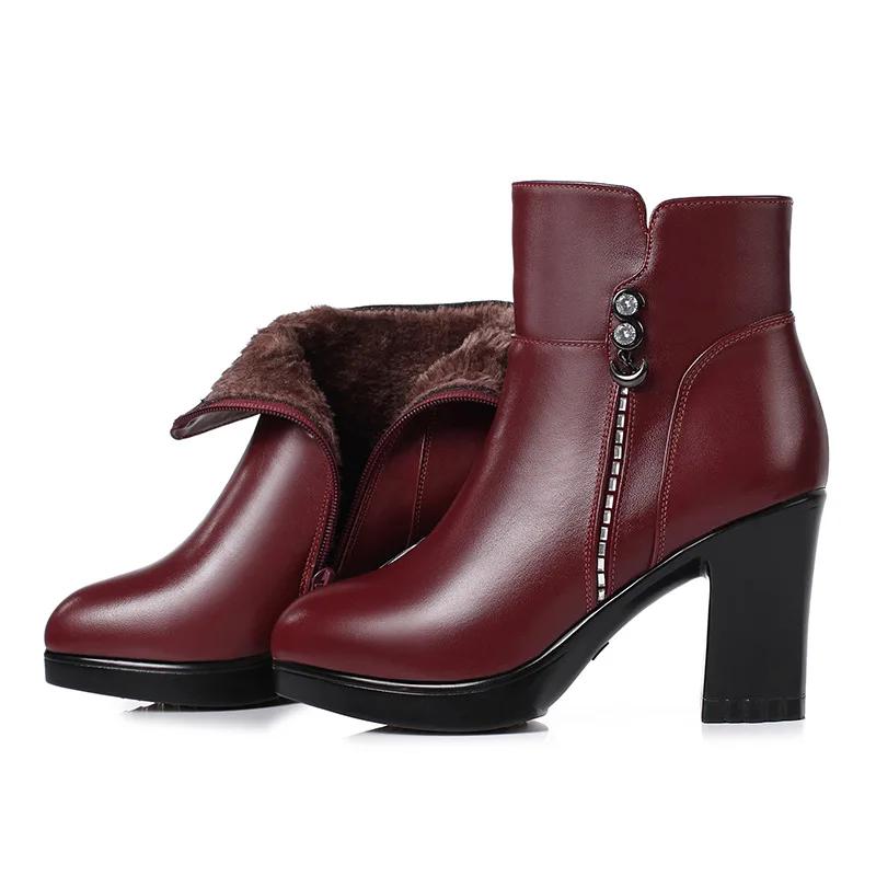 Genuine Leather Winter Women Boots Warm High Heels Ankle Boots Women Thick Wool Warm Snow Boots Woman 2025 Elegant High Heels