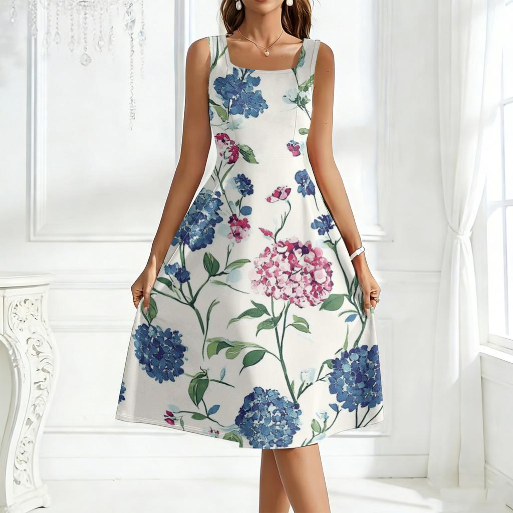 Ladies' Square Neck Floral Sleeveless Dress with a Large Swing
