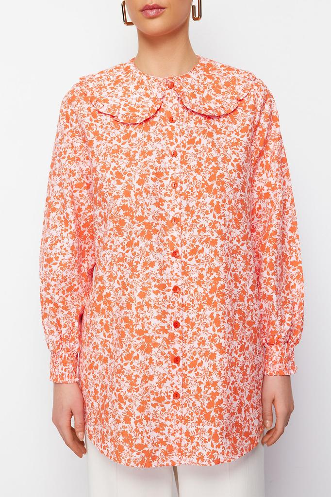 Women's Style Hijab Shirt Red Baby Collar Woven Crispy Flower Patterned Shirt