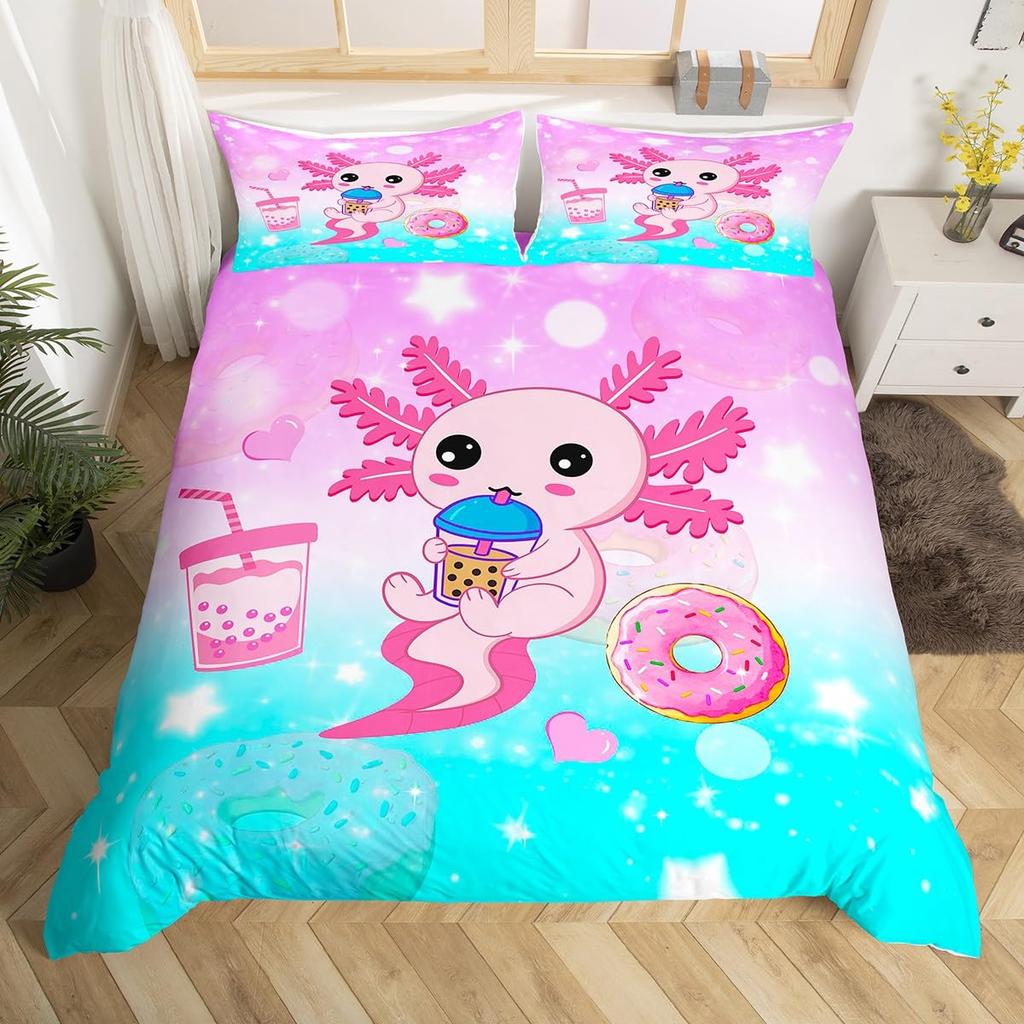 Cartoon Axolotl Duvet Cover Queen Twin Size Salamander Bedding Set for Kids Boys Girls Kawaii Sealife Creature Comforter Cover