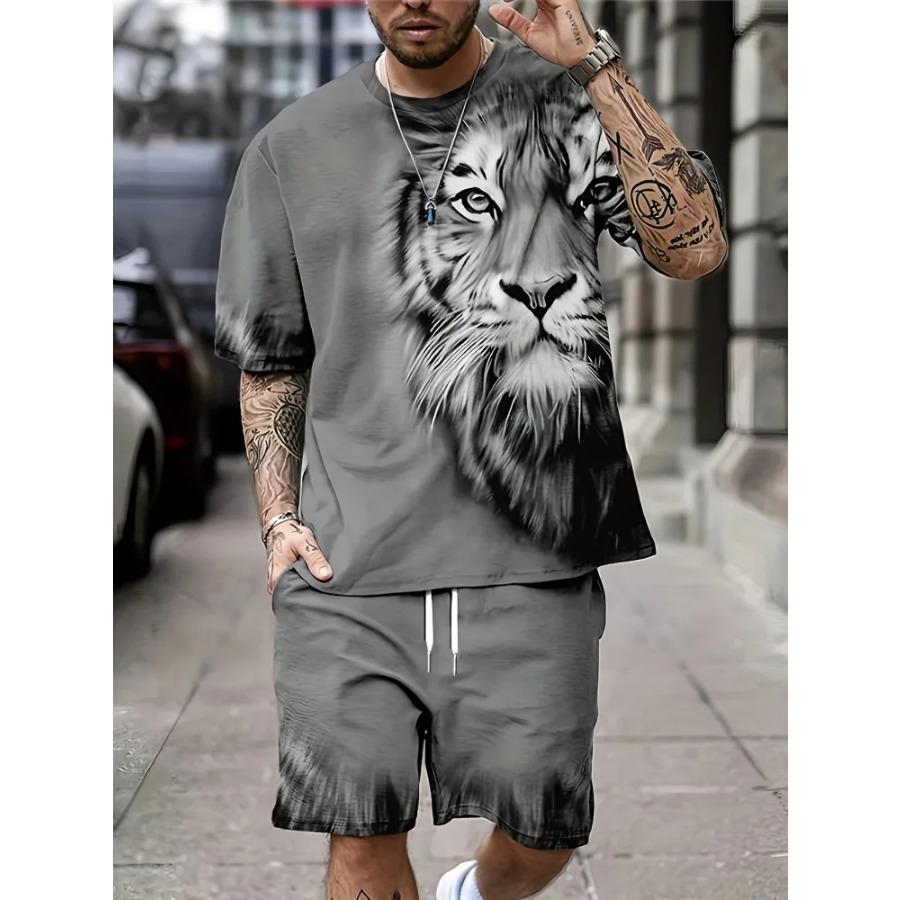 Men's Summer Short-sleeved Set, 3D Creative Flame Print And Shorts, Two-piece Casual Outdoor Fashion Set