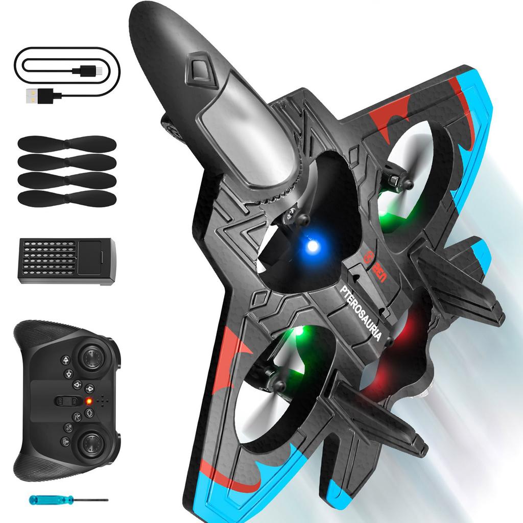 Foam Remote Control Jet Fighter Stunt Plane with LED Lights Remote Control Toy for Boys Ages 6-14
